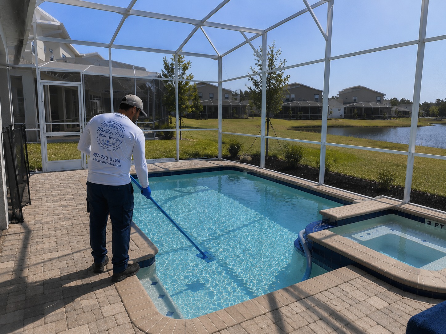 Malibu Pool technician cleaning a screened pool in Orlando